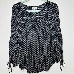 LOFT Women's Large Black White Geometric Print Blouse Long Sleeve Tie Cuff Top